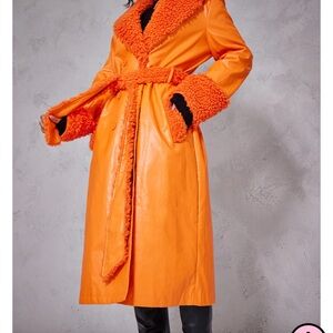 ORANGE FAUX LEATHER CURLY BORG TRIM MAXI TRENCH